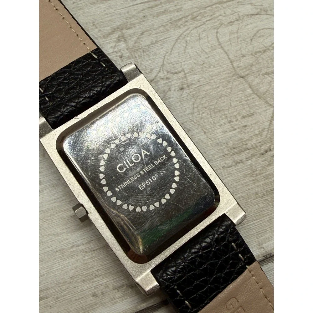 Ciloa EP510 Tank Watch Black Dial Silver Case Leather Strap Mens Womens Working